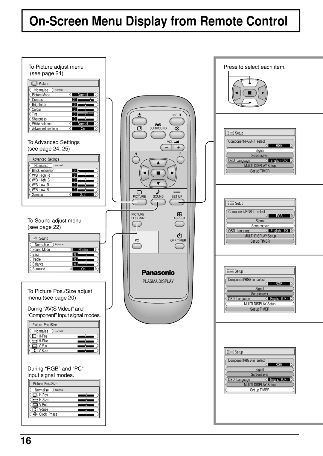 Panasonic TH-42PW5 manual On-Screen Menu Display from Remote Control 