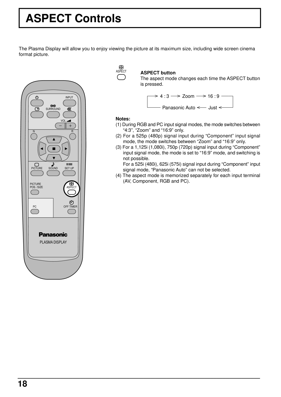 Panasonic TH-42PW5 manual Aspect Controls, Aspect mode changes each time the Aspect button 