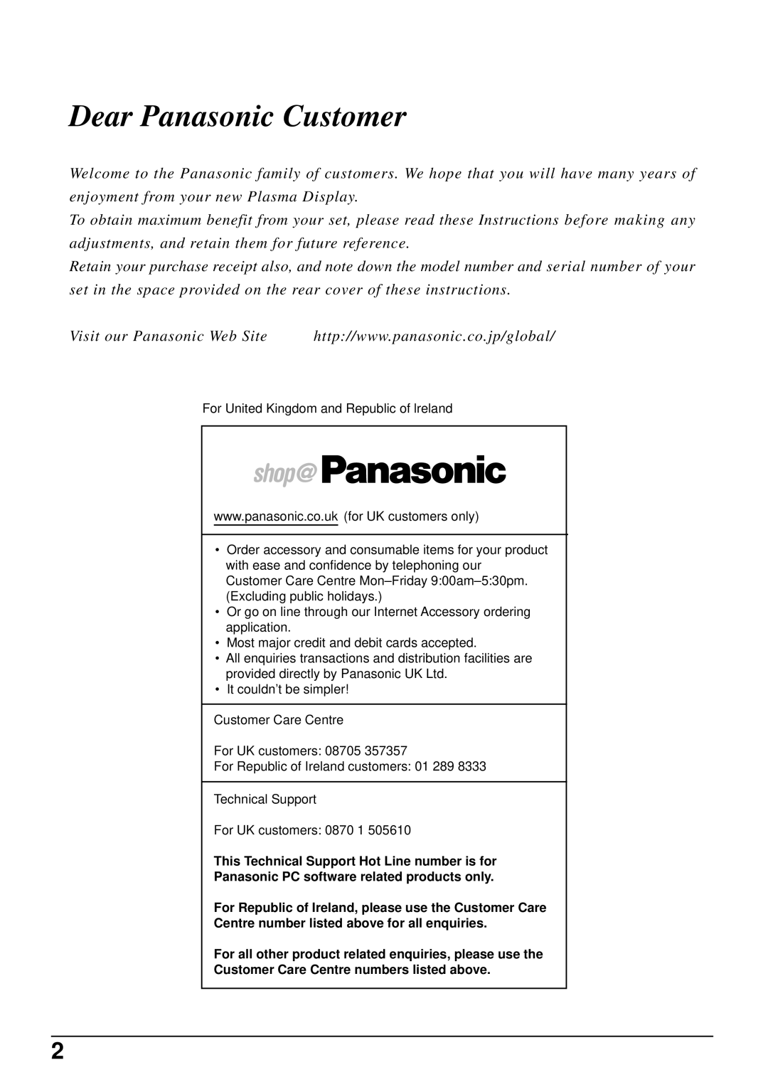 Panasonic TH-42PW5 manual Dear Panasonic Customer 