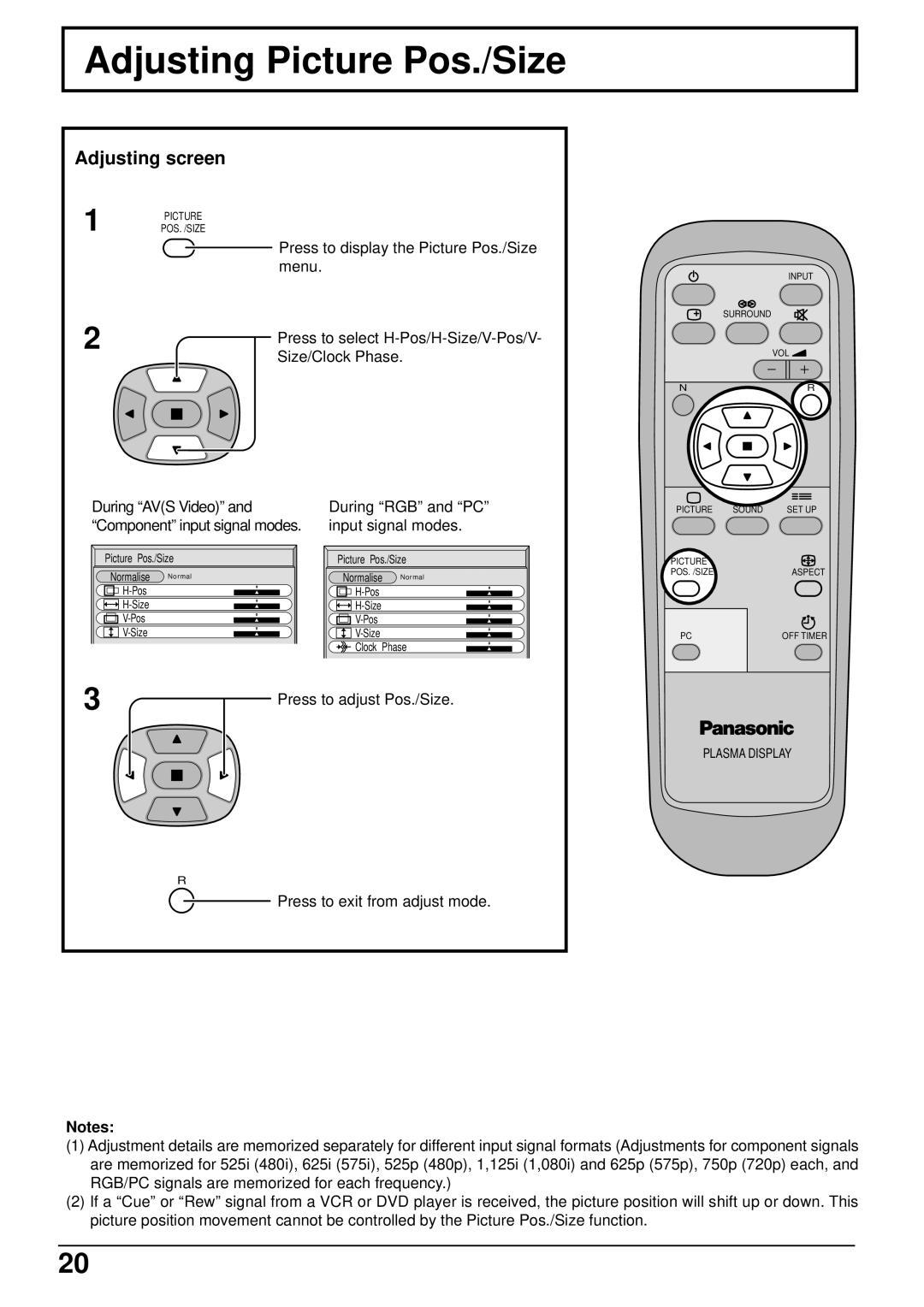 Panasonic TH-42PW5 manual Adjusting Picture Pos./Size, Adjusting screen, Press to display the Picture Pos./Size menu 