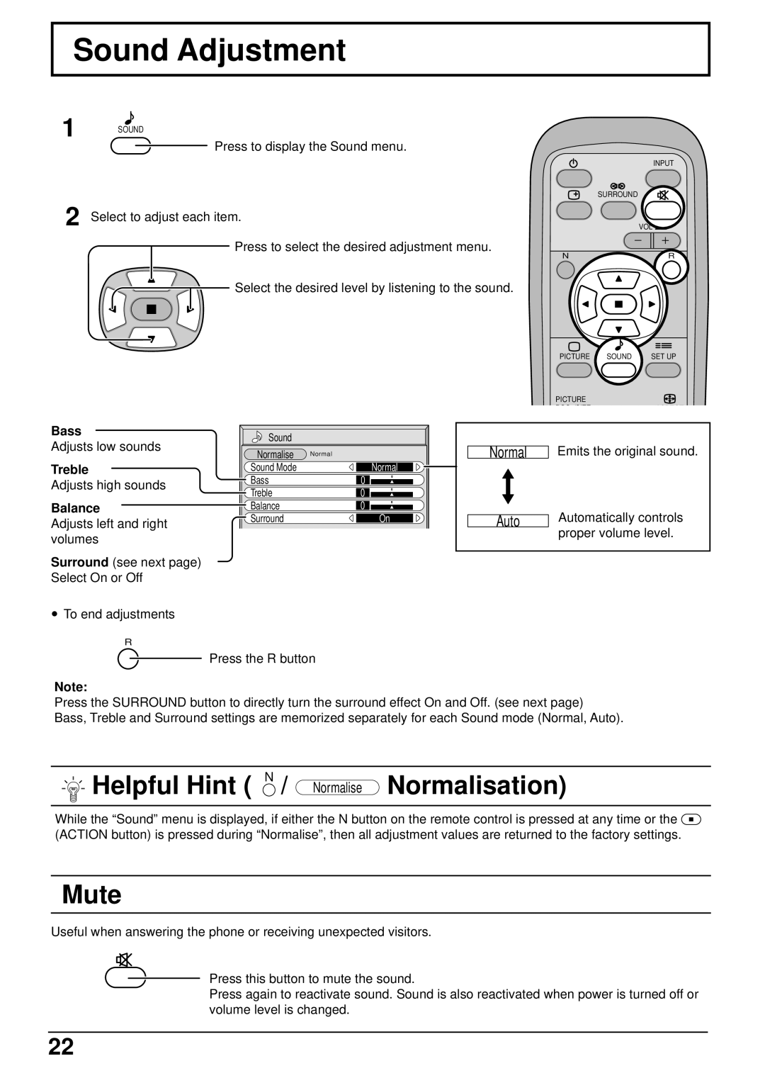 Panasonic TH-42PW5 manual Sound Adjustment, Mute, Bass, Treble, Balance 