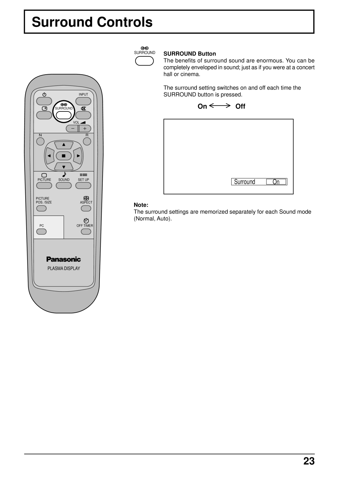 Panasonic TH-42PW5 manual Surround Controls, On Off, Surround Surround Button 