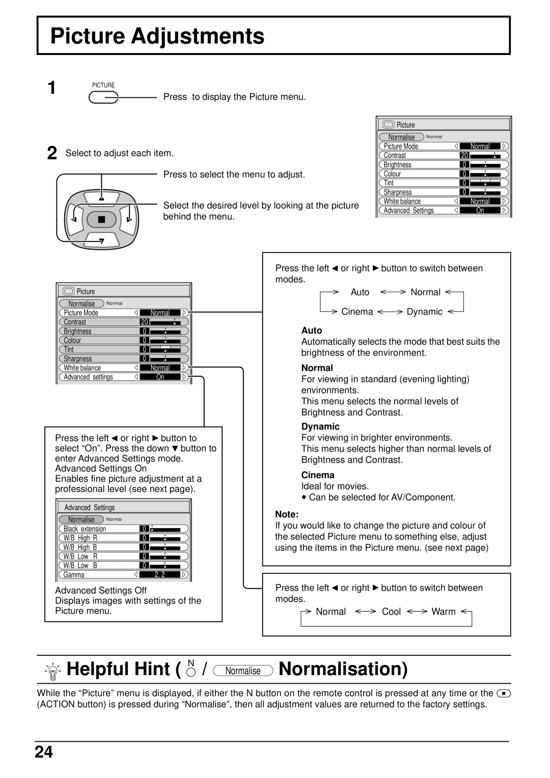 Panasonic TH-42PW5 manual Picture Adjustments, Normal, Dynamic, Cinema 