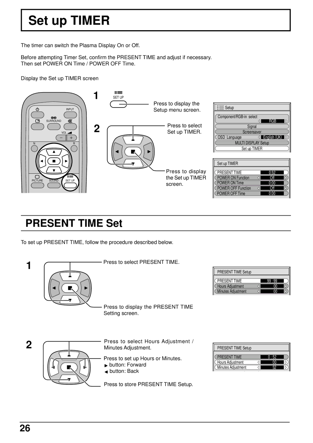 Panasonic TH-42PW5 manual Set up Timer, Present Time Set 