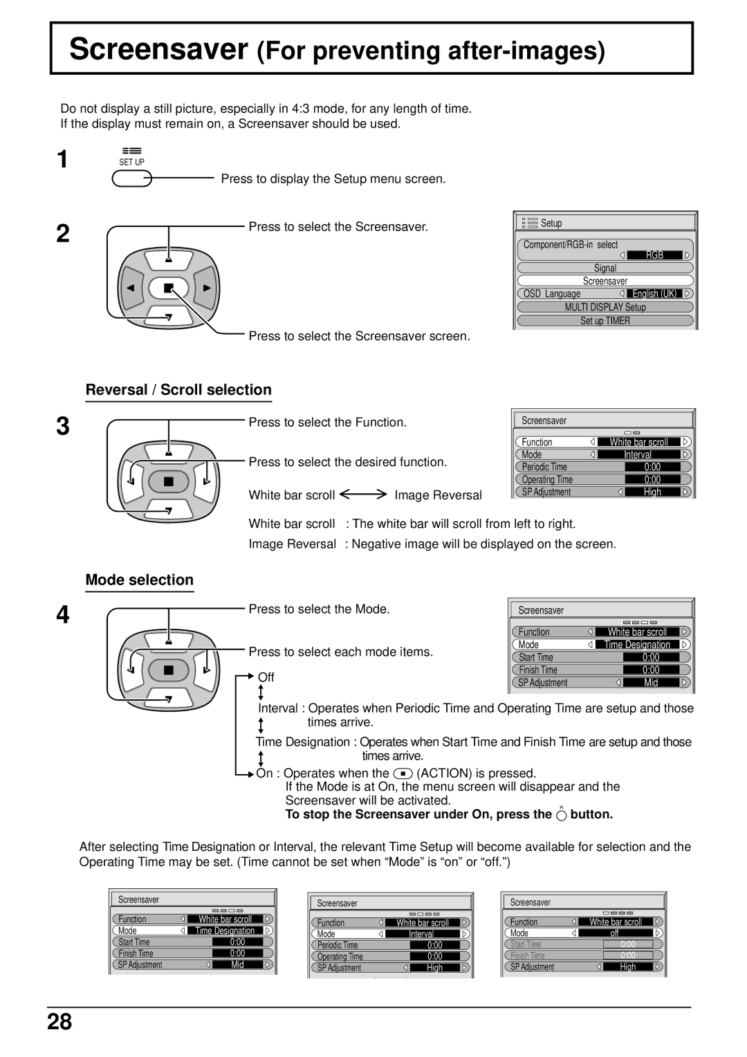 Panasonic TH-42PW5 manual Screensaver For preventing after-images, Reversal / Scroll selection, Mode selection 