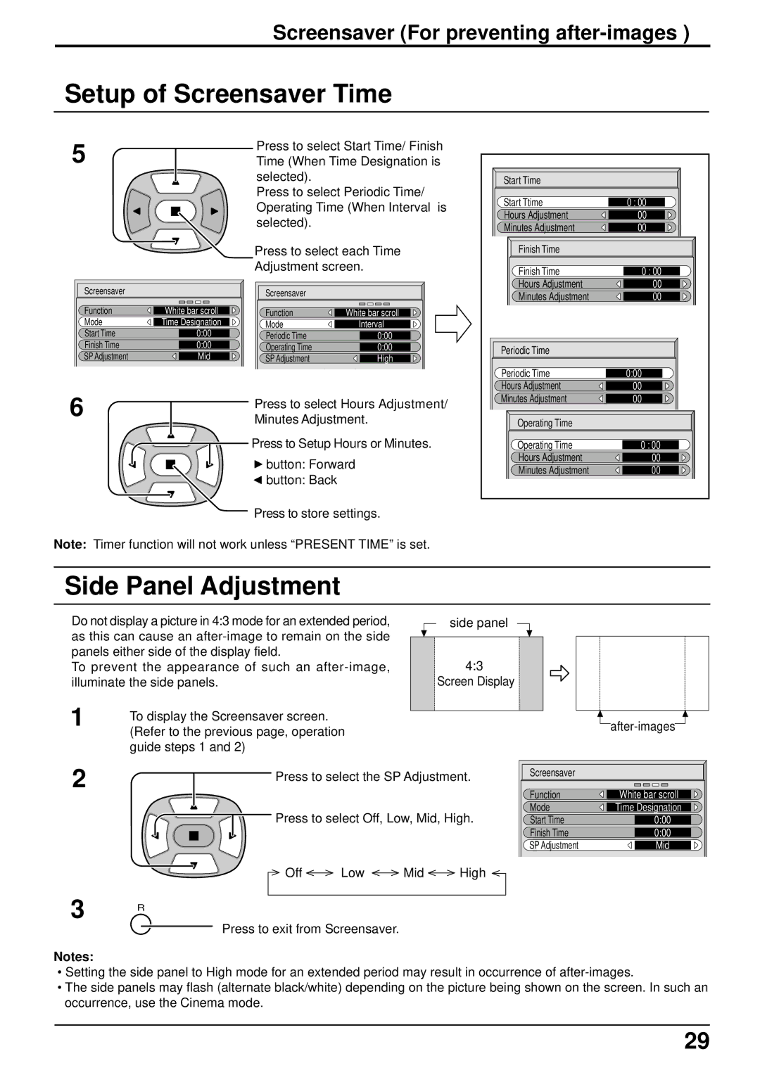 Panasonic TH-42PW5 manual Setup of Screensaver Time, Side Panel Adjustment, Screensaver For preventing after-images 