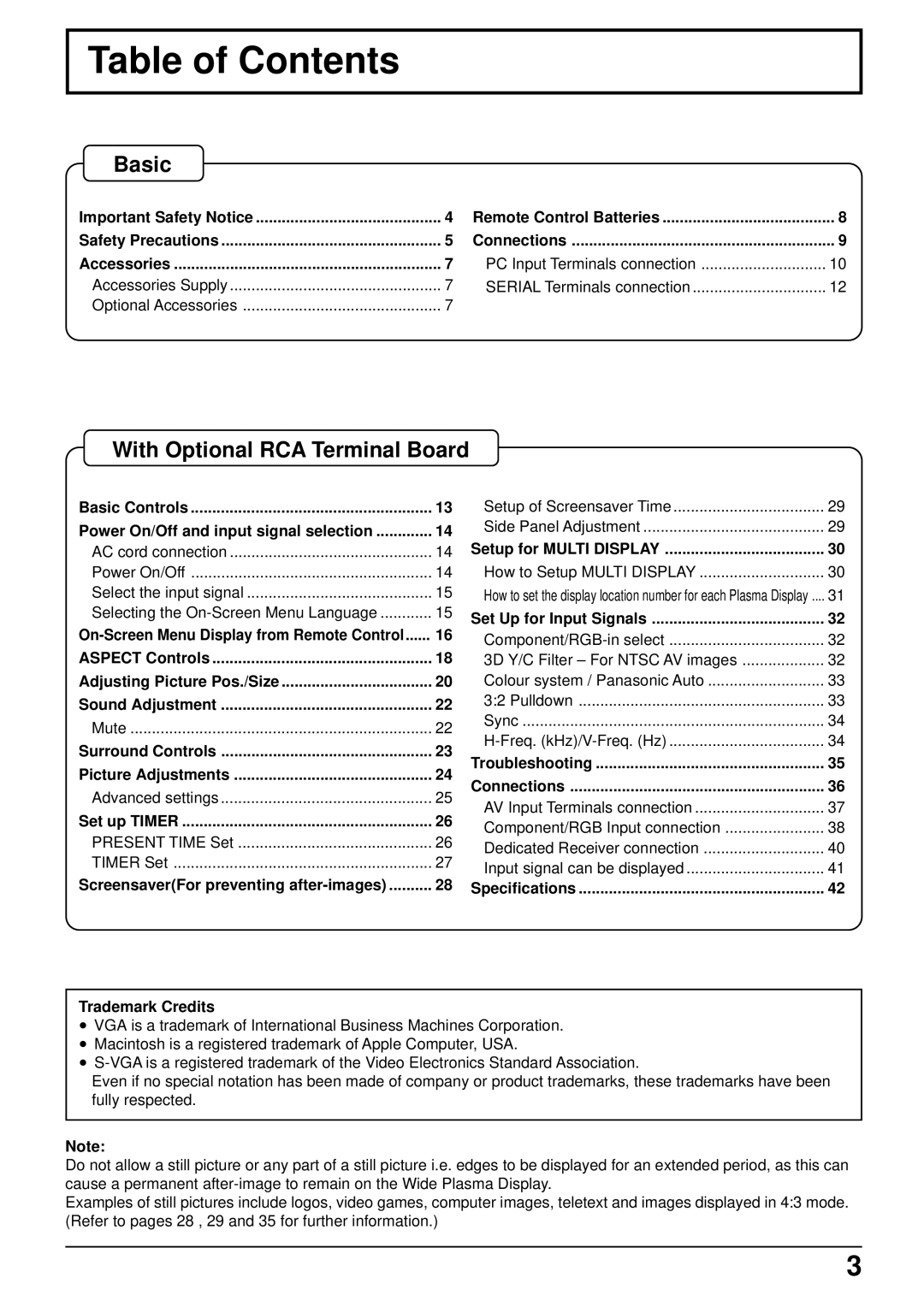 Panasonic TH-42PW5 manual Table of Contents 