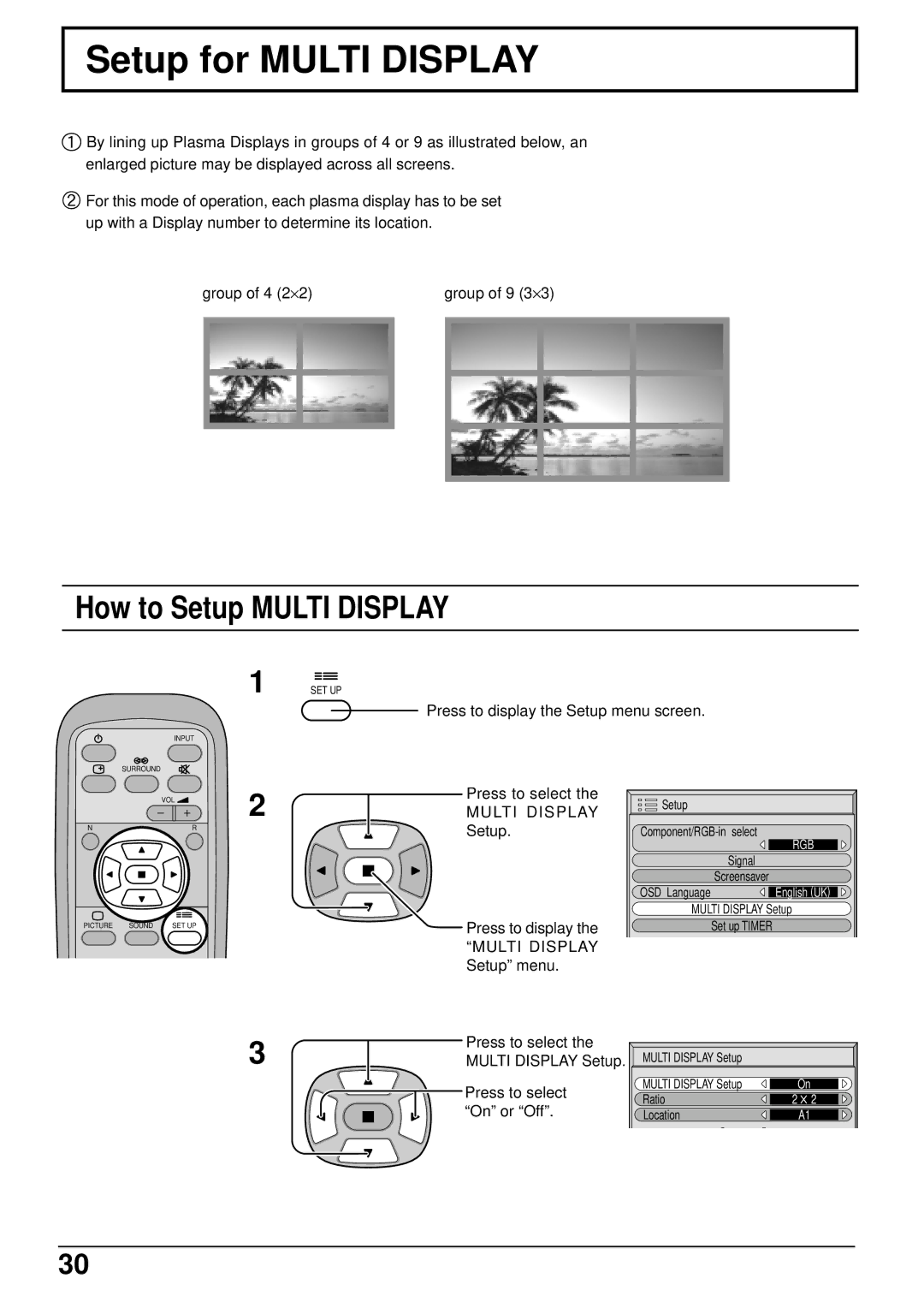 Panasonic TH-42PW5 Setup for Multi Display, How to Setup Multi Display, Press to display the Setup menu screen, On or Off 