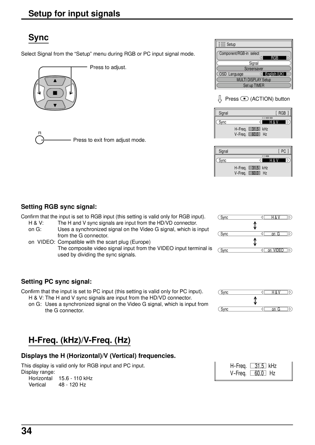 Panasonic TH-42PW5 Setup for input signals Sync, Freq. kHz/V-Freq. Hz, Setting RGB sync signal, Setting PC sync signal 