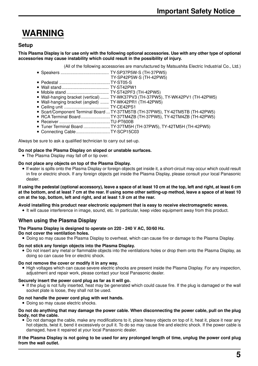 Panasonic TH-42PW5 manual Important Safety Notice, Setup, When using the Plasma Display 