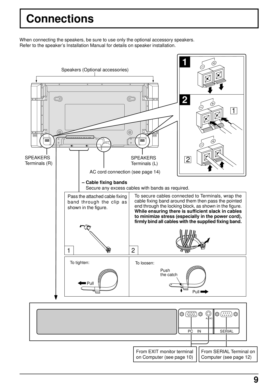 Panasonic TH-42PW5 manual Connections, Speakers, Terminals R Terminals L AC cord connection see, Cable fixing bands 