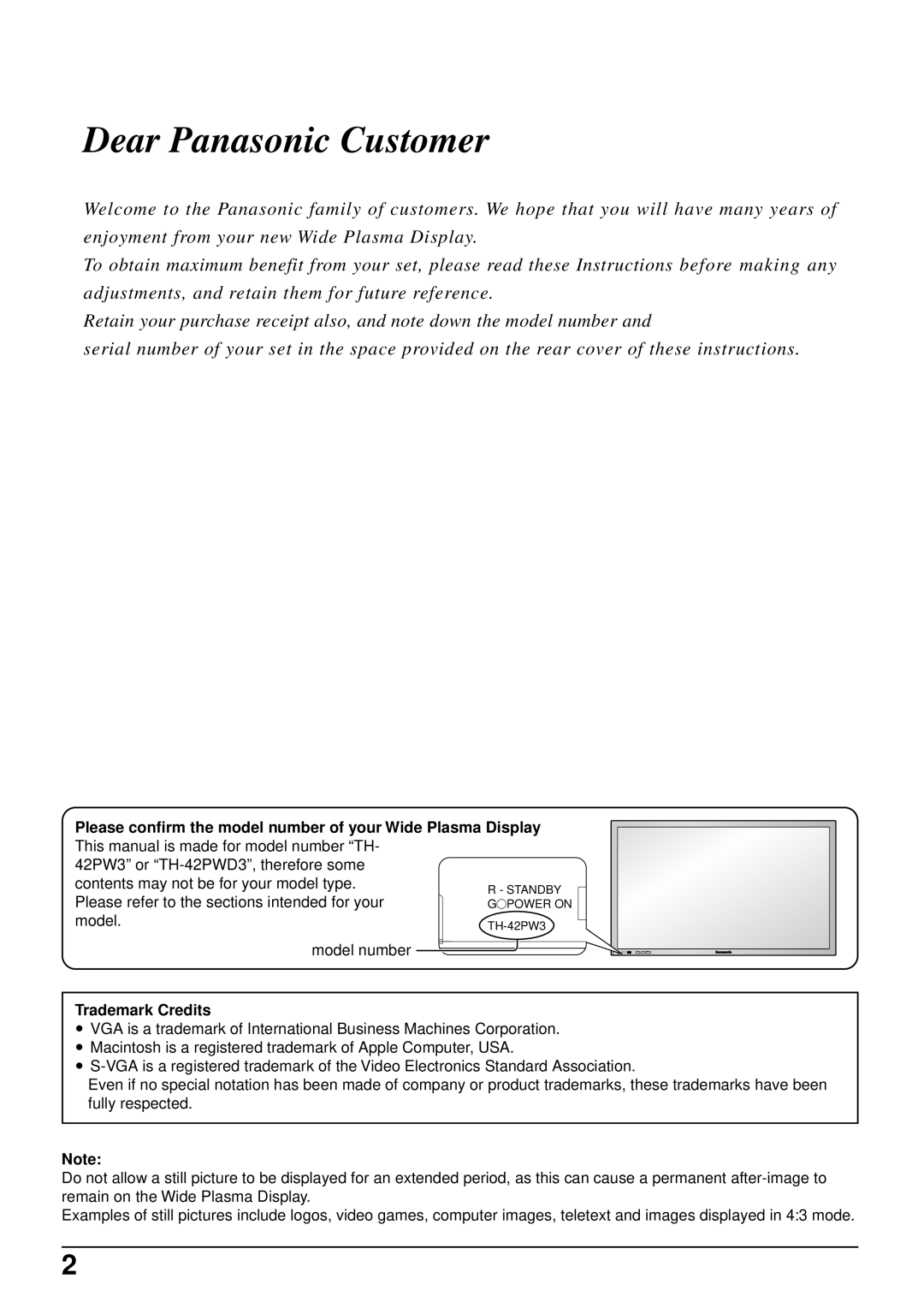 Panasonic TH-42PWD3, TH-42PW3 Please confirm the model number of your Wide Plasma Display, Trademark Credits 