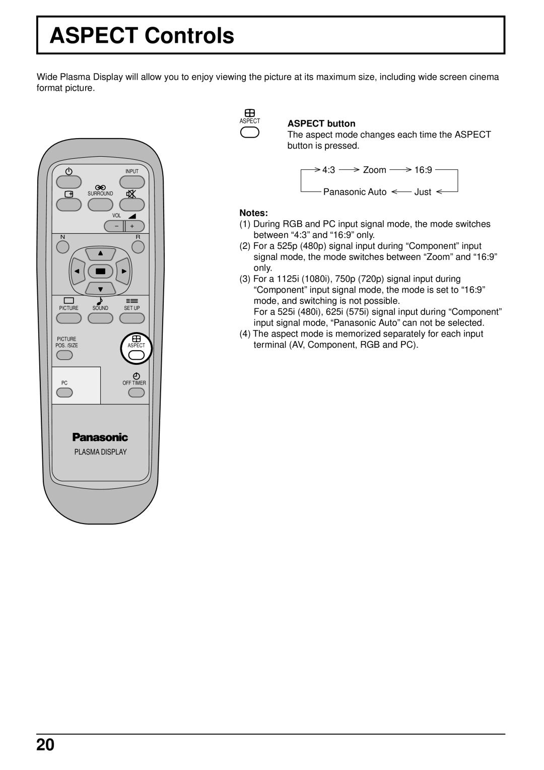 Panasonic TH-42PWD3, TH-42PW3 operating instructions Aspect Controls, Aspect mode changes each time the Aspect 