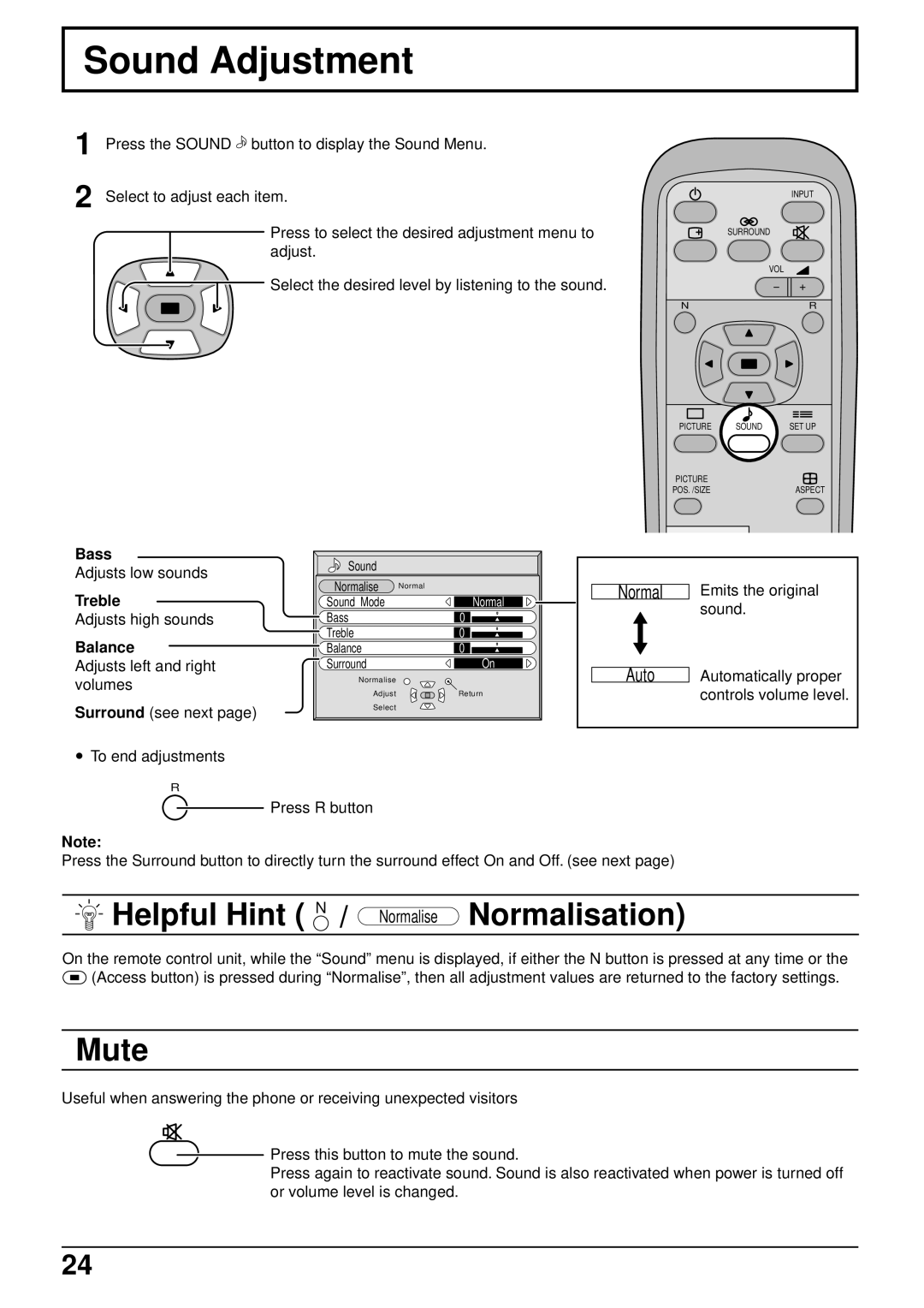 Panasonic TH-42PWD3, TH-42PW3 operating instructions Sound Adjustment, Mute, Bass, Treble, Balance 