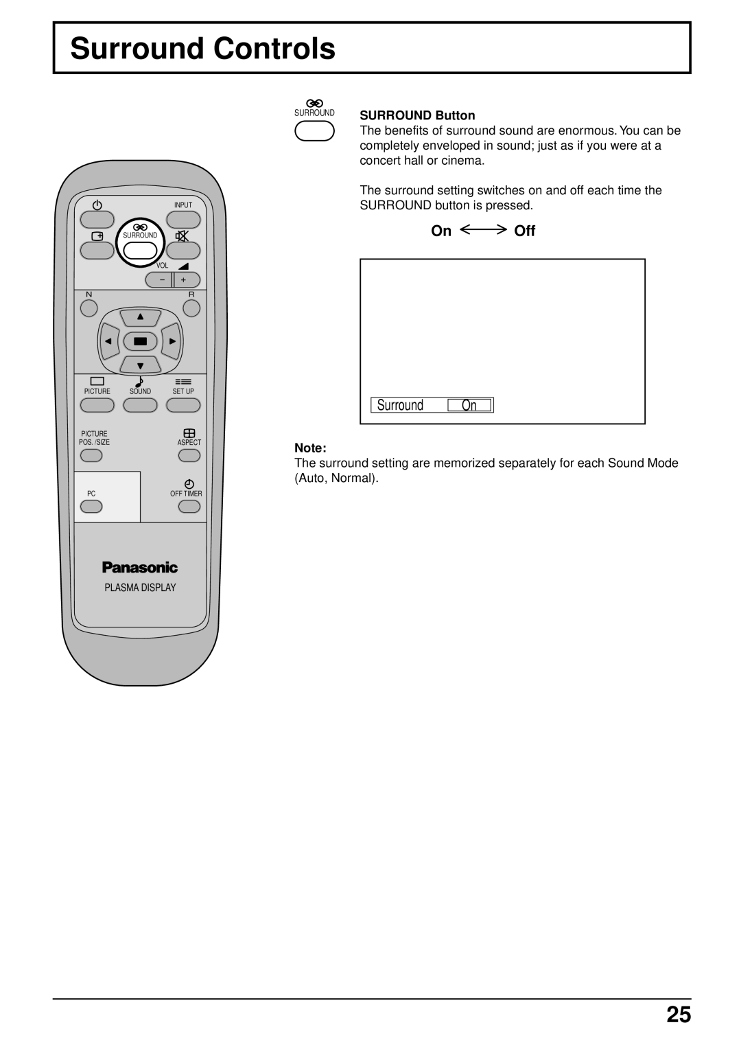 Panasonic TH-42PW3, TH-42PWD3 Surround Controls, Off, Surround Button, Benefits of surround sound are enormous. You can be 