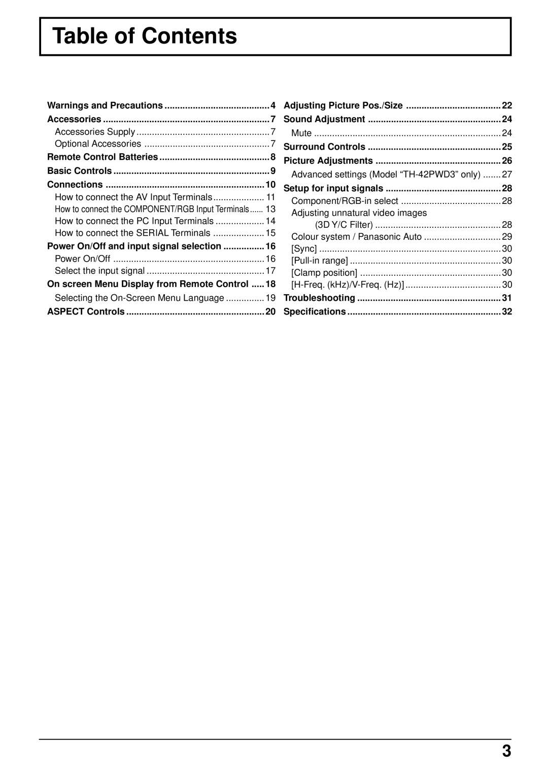 Panasonic TH-42PW3, TH-42PWD3 operating instructions Table of Contents 