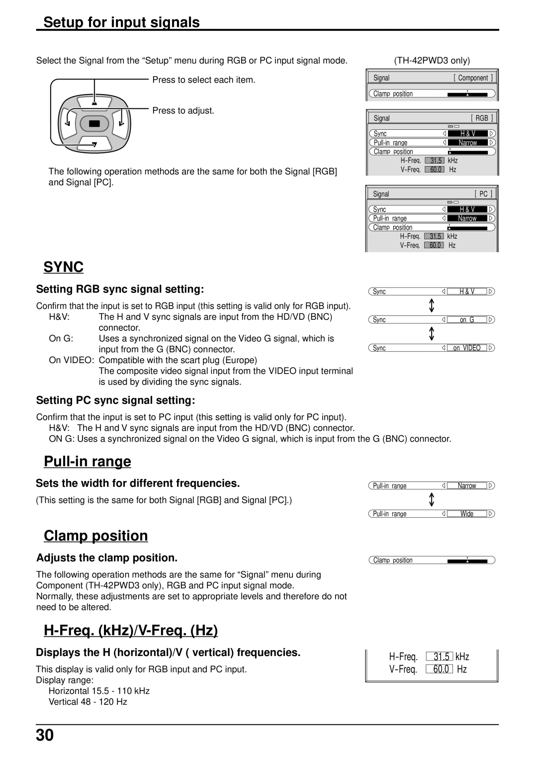 Panasonic TH-42PWD3, TH-42PW3 operating instructions Pull-in range, Clamp position, Freq. kHz/V-Freq. Hz 