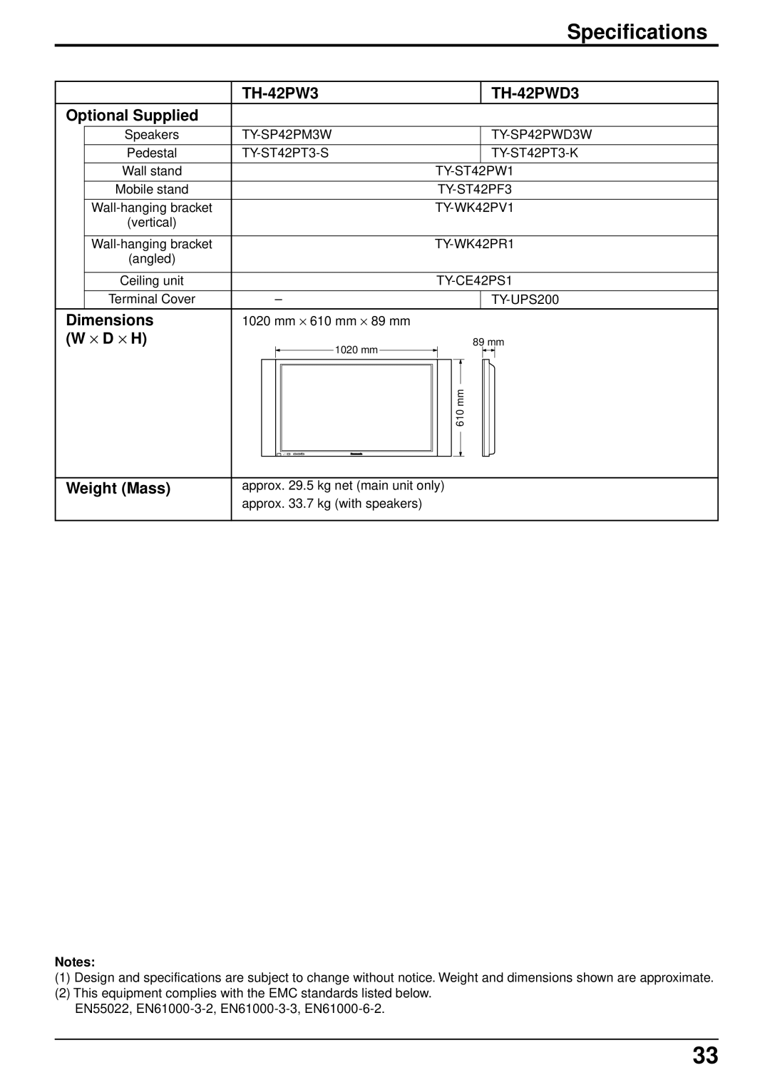 Panasonic TH-42PW3, TH-42PWD3 operating instructions Specifications, Optional Supplied, Dimensions, ⋅ D ⋅ H, Weight Mass 