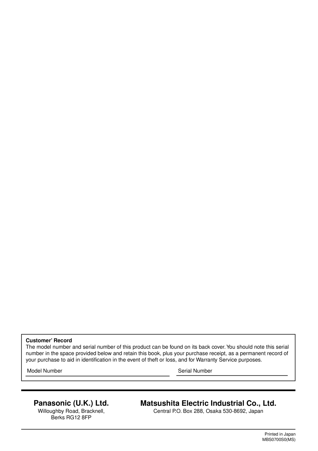 Panasonic TH-42PWD3, TH-42PW3 operating instructions Customer’ Record 