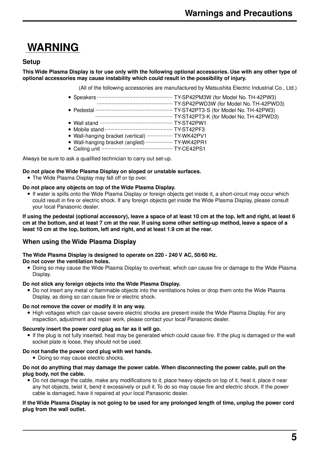 Panasonic TH-42PW3, TH-42PWD3 operating instructions Setup, When using the Wide Plasma Display 