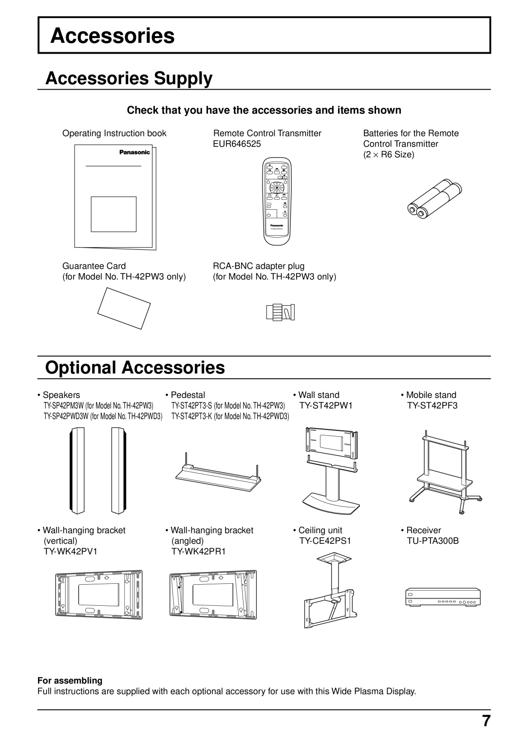 Panasonic TH-42PW3 Accessories Supply, Optional Accessories, Check that you have the accessories and items shown 