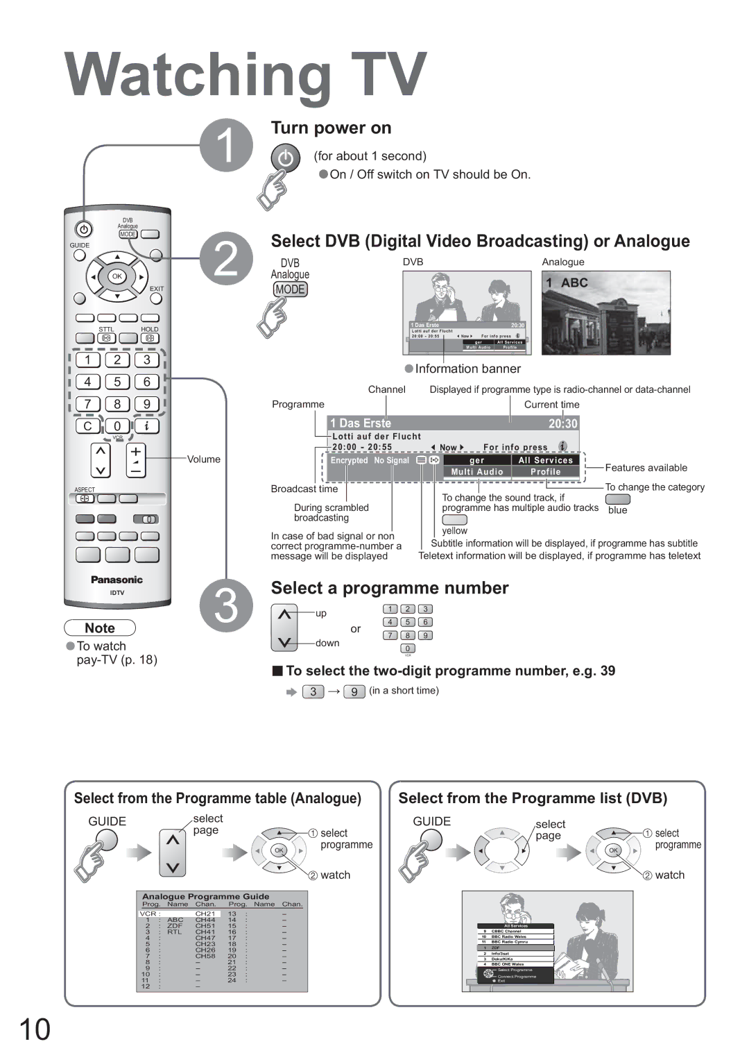 Panasonic TH-42PX45EH operating instructions Watching TV, Turn power on, Select from the Programme table Analogue 