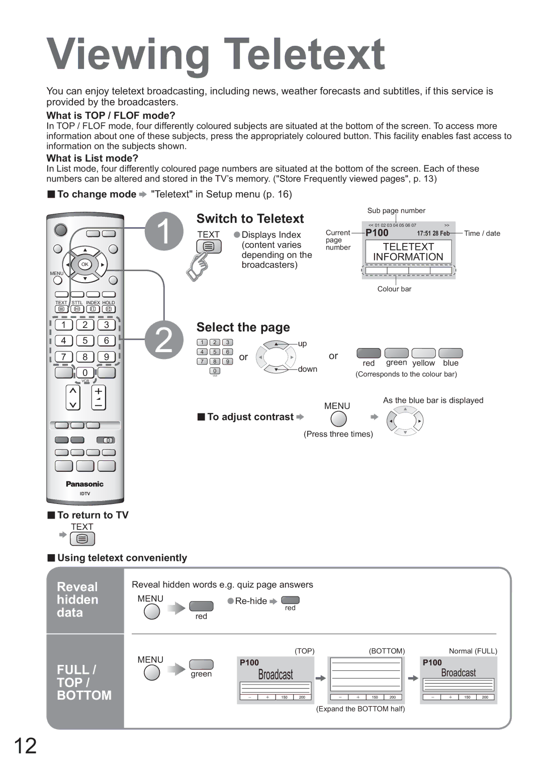 Panasonic TH-42PX45EH operating instructions Viewing Teletext, Switch to Teletext, Reveal, Hidden, Data 