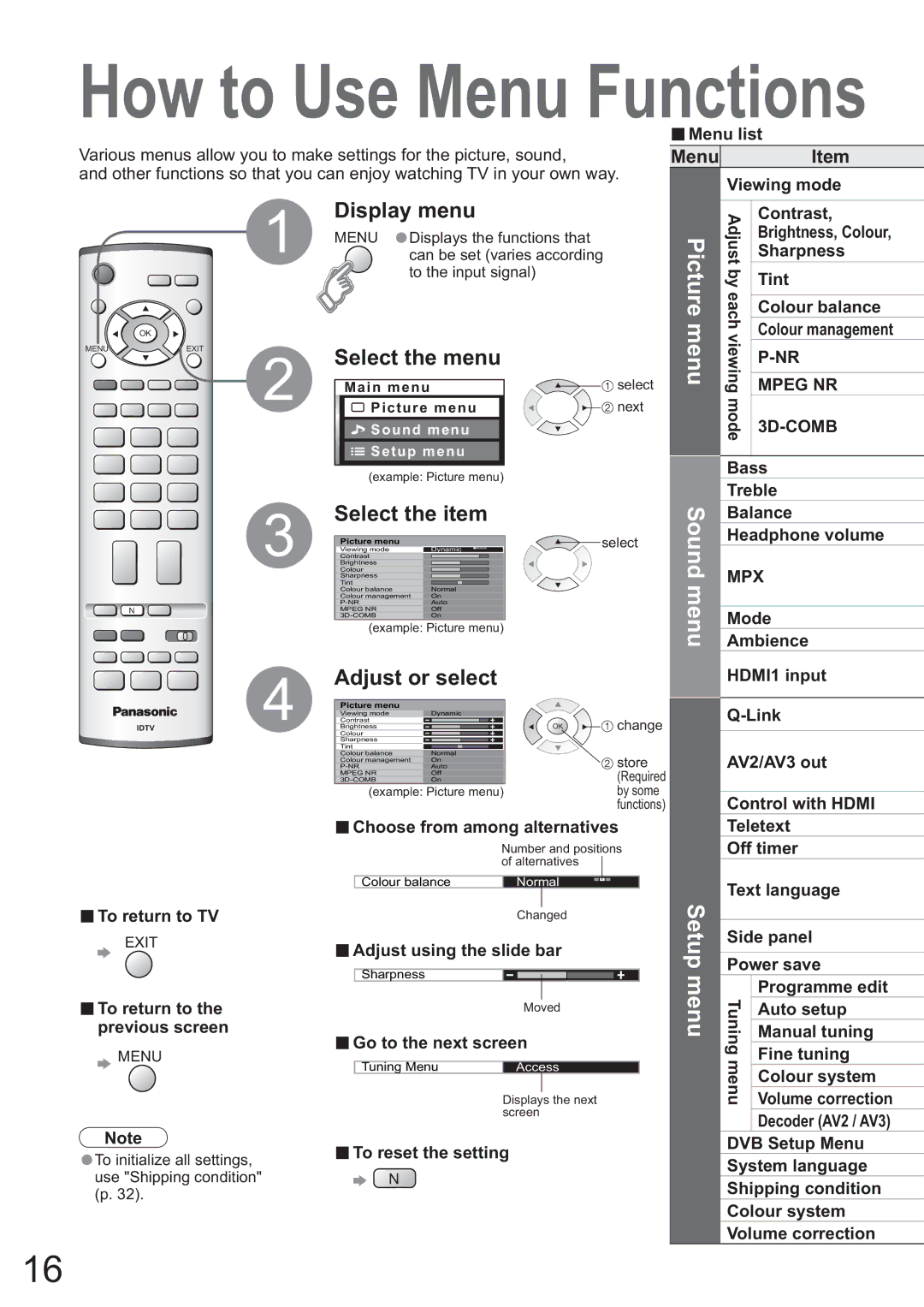 Panasonic TH-42PX45EH operating instructions Picture, Display menu, Select the menu, Select the item, Adjust or select 