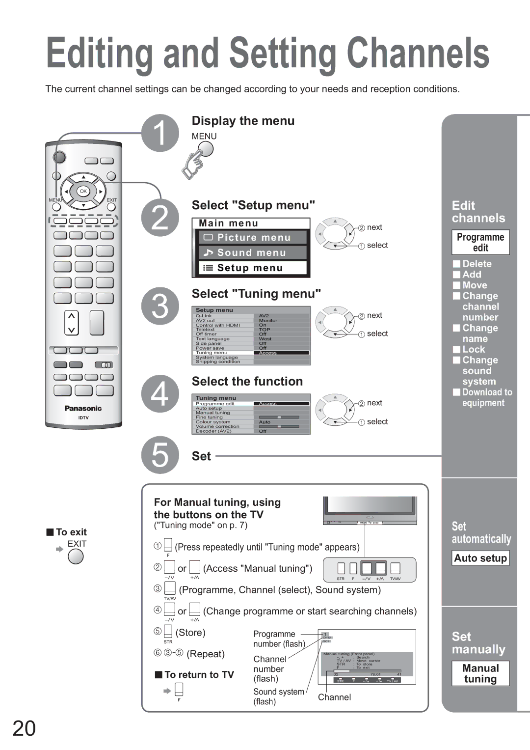 Panasonic TH-42PX45EH operating instructions Select Tuning menu, Select the function, Set manually 