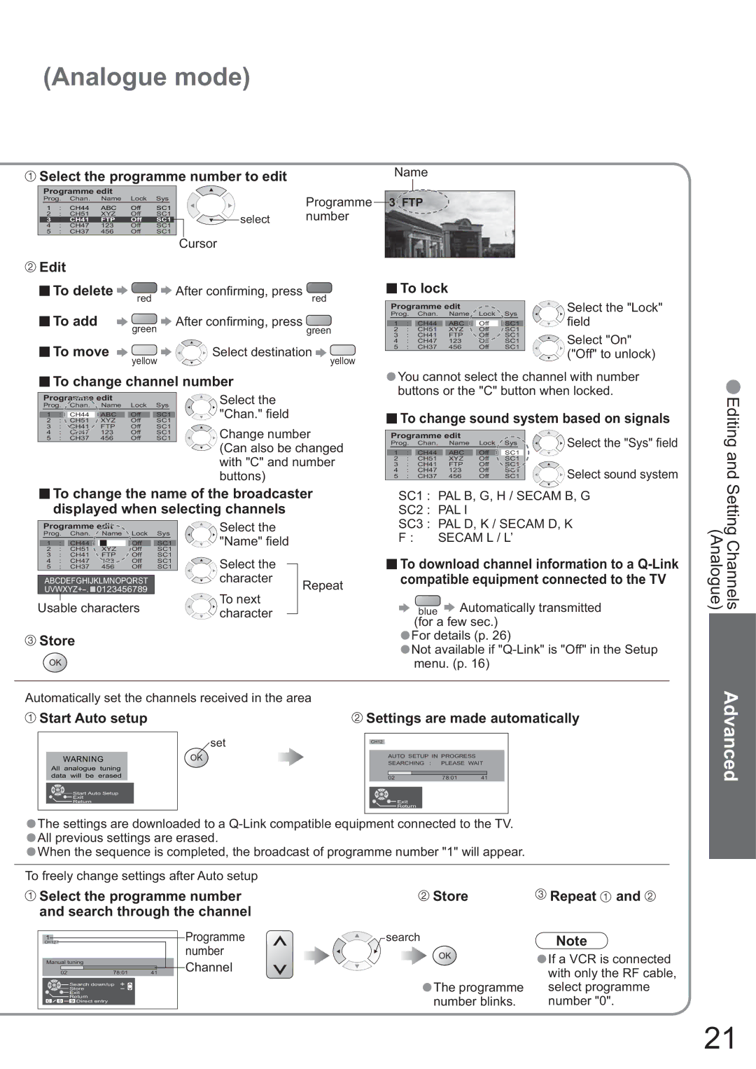 Panasonic TH-42PX45EH Select the programme number to edit, Edit, ŶTo add, ŶTo move, To change channel number, To lock 