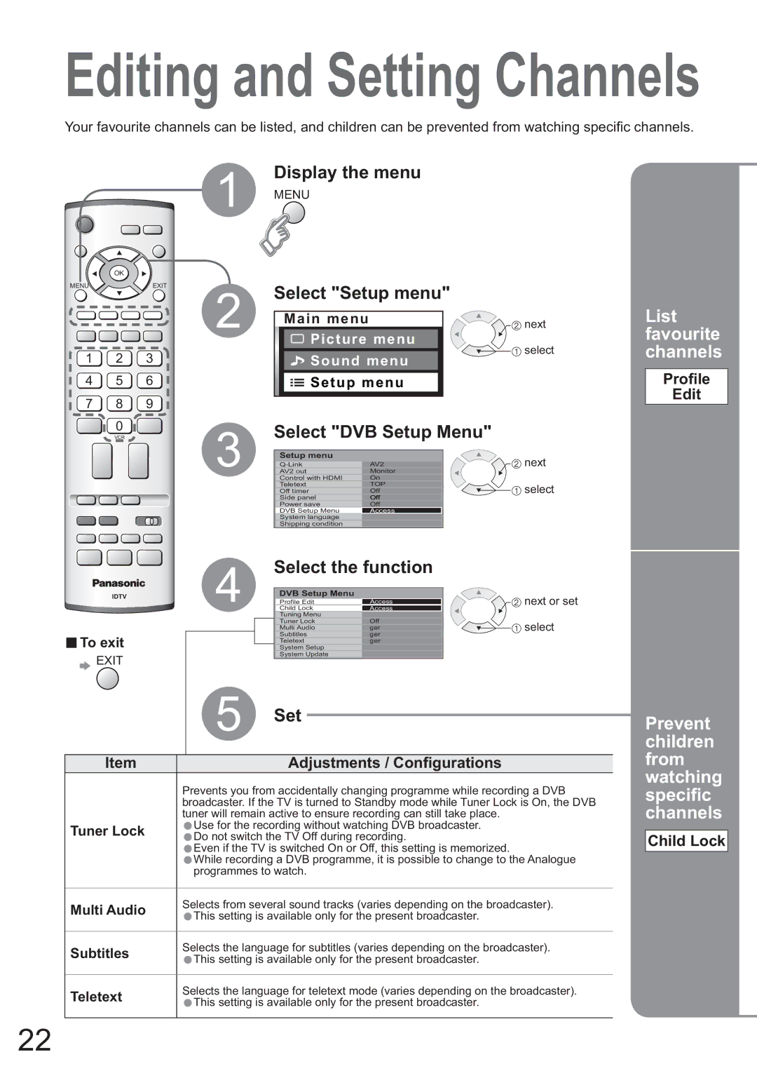 Panasonic TH-42PX45EH operating instructions Proﬁle Edit, Adjustments / Conﬁgurations, Child Lock 