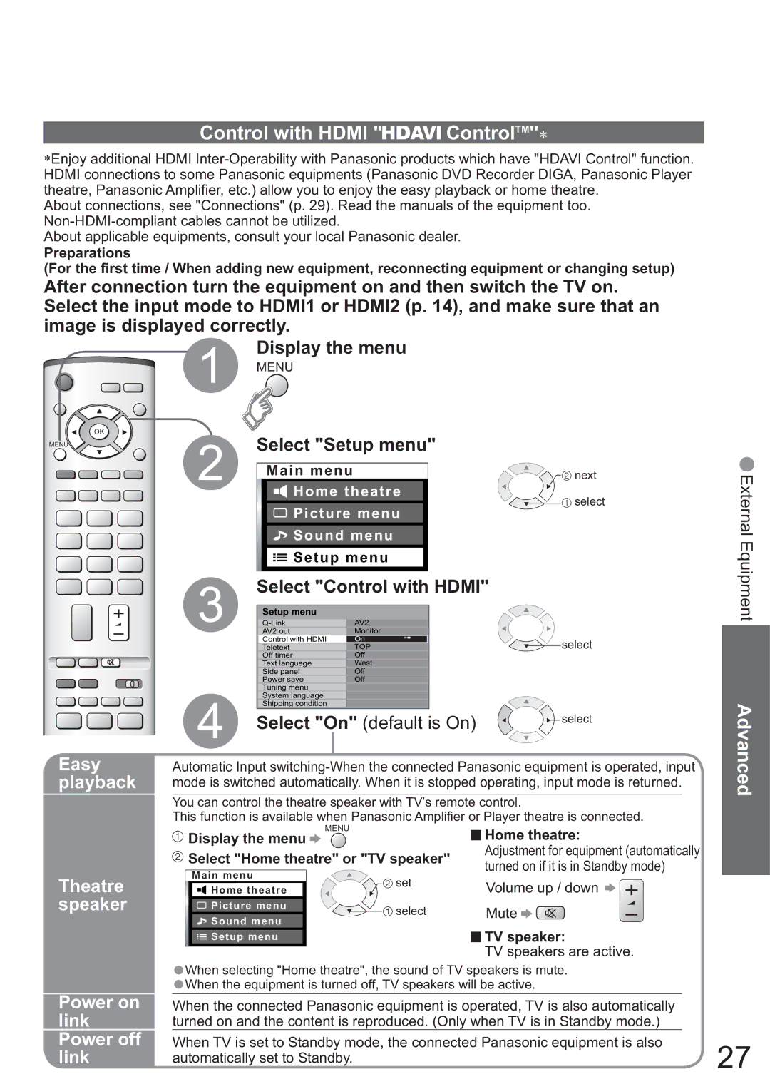 Panasonic TH-42PX45EH operating instructions Control with Hdmi ControlTM 