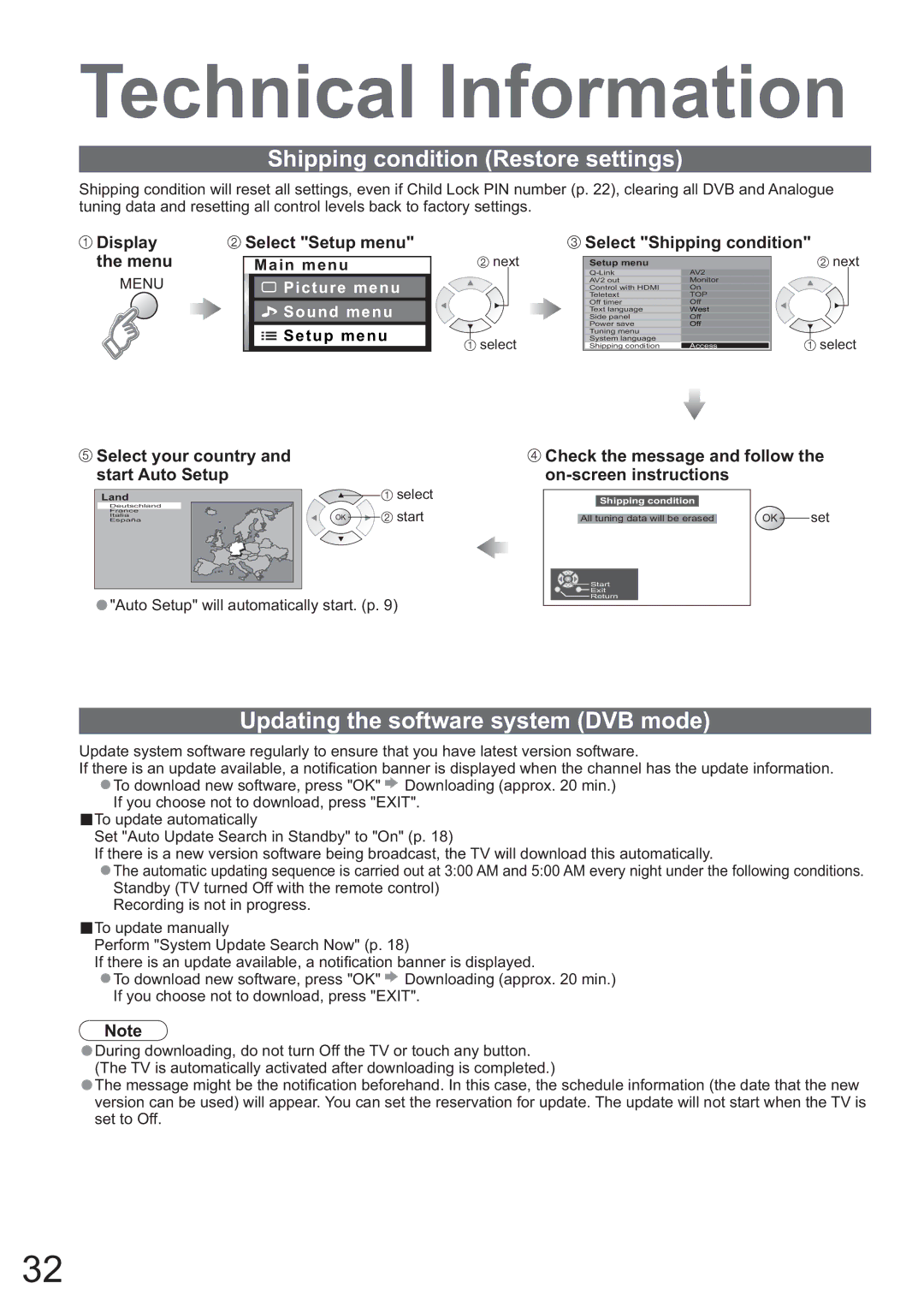 Panasonic TH-42PX45EH Technical Information, Shipping condition Restore settings, Updating the software system DVB mode 