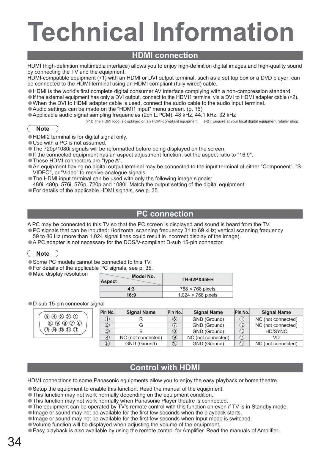 Panasonic TH-42PX45EH operating instructions Hdmi connection, PC connection, Control with Hdmi 