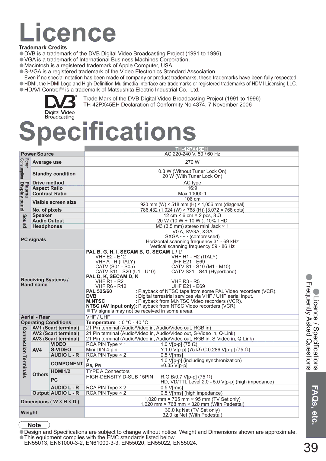 Panasonic TH-42PX45EH operating instructions Licence, Speciﬁcations 