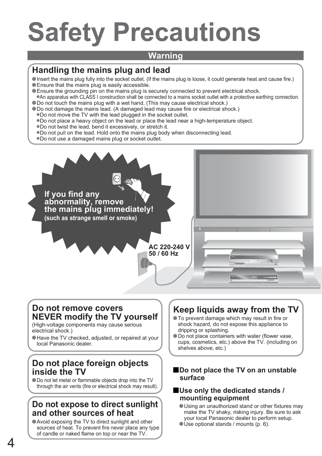 Panasonic TH-42PX45EH operating instructions Safety Precautions, If you ﬁnd any abnormality, remove Mains plug immediately 