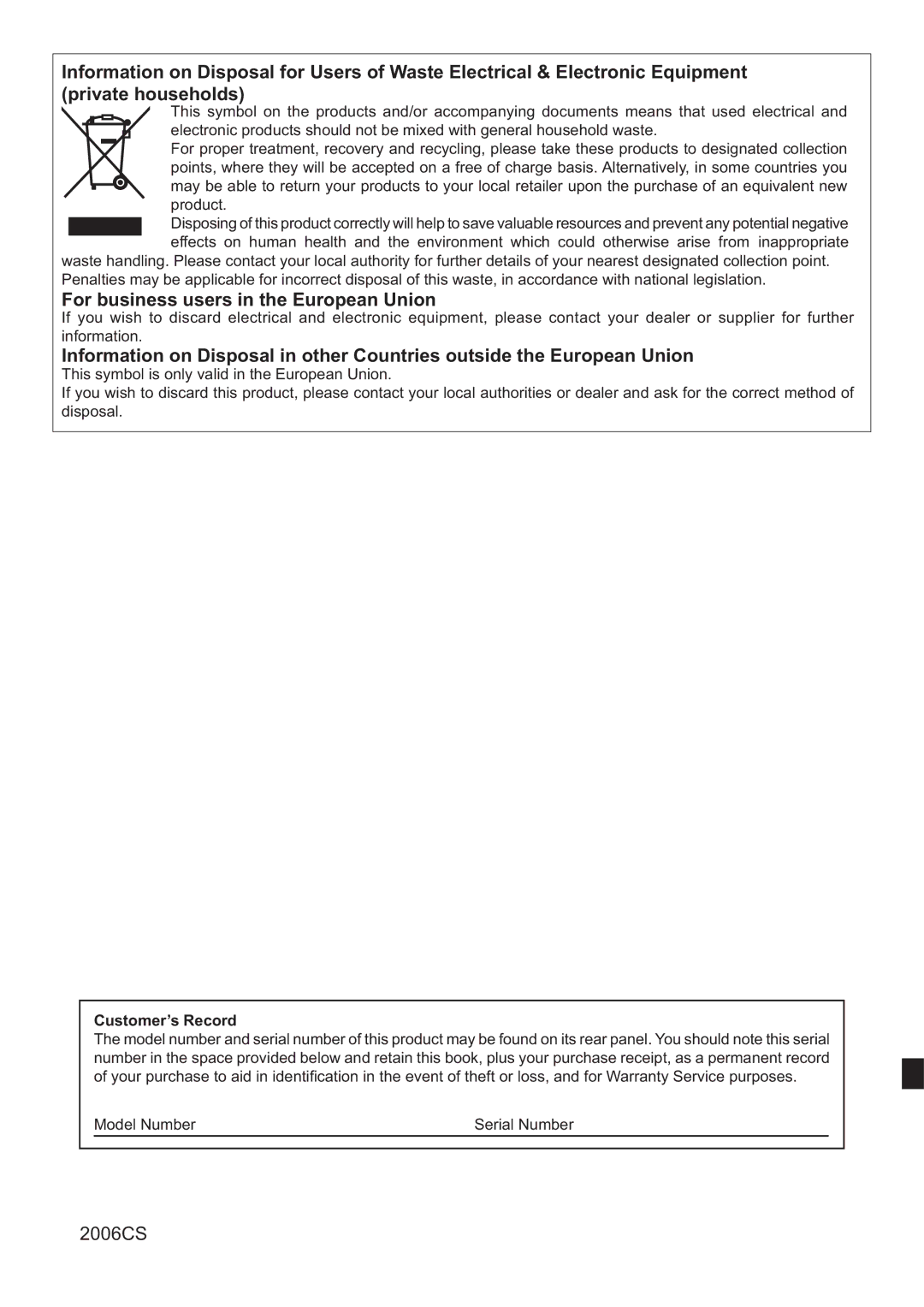 Panasonic TH-42PX45EH operating instructions For business users in the European Union, Customer’s Record 