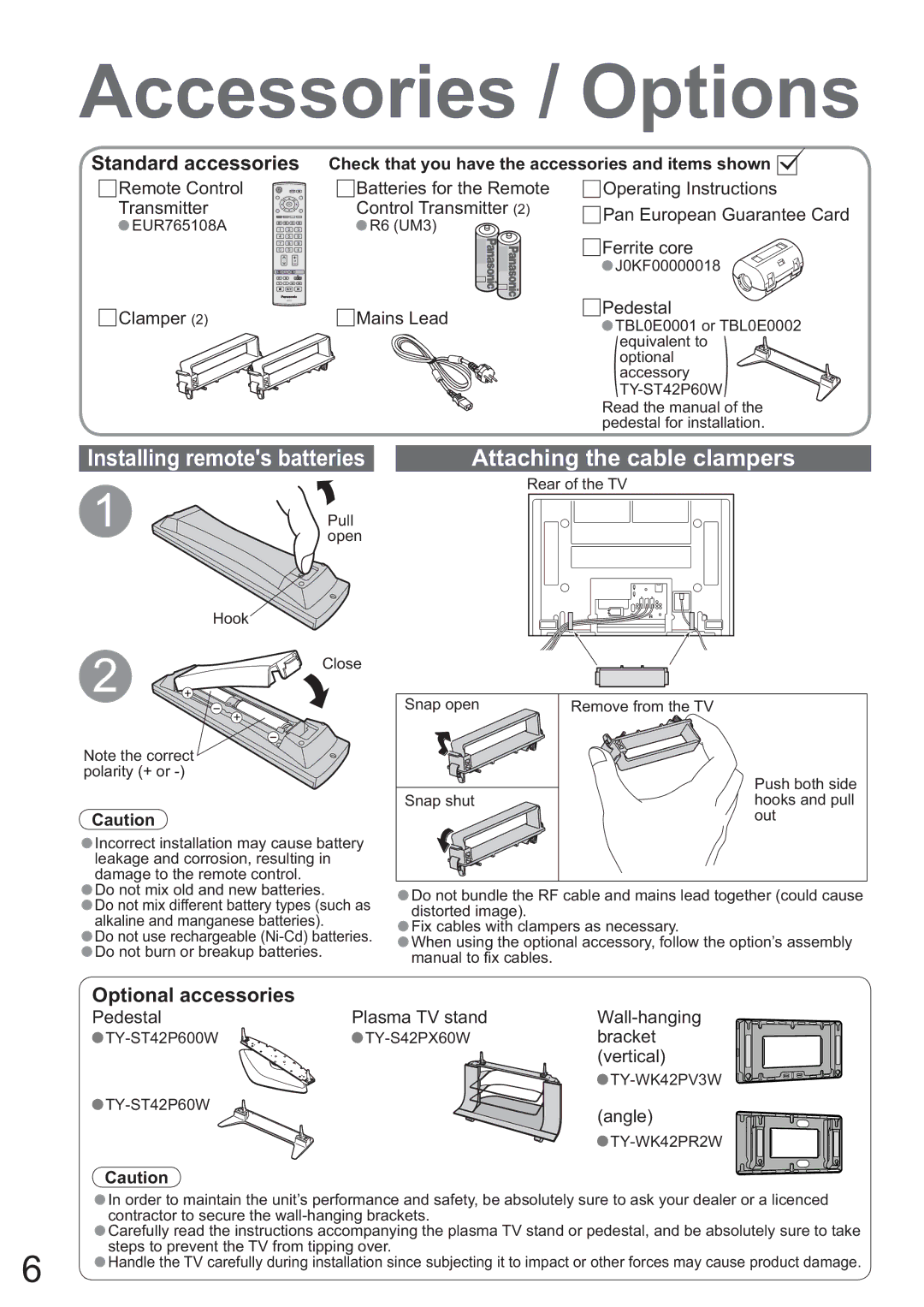 Panasonic TH-42PX45EH Accessories / Options, Installing remotes batteries Attaching the cable clampers 