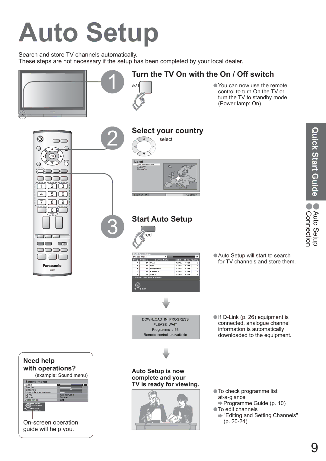 Panasonic TH-42PX45EH Turn the TV On with the On / Off switch, Select your country, Start Auto Setup 