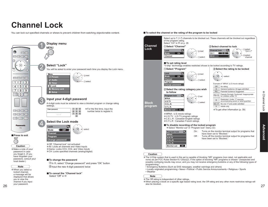 Panasonic TH-42PX60X manual Channel Lock, Block, Program 