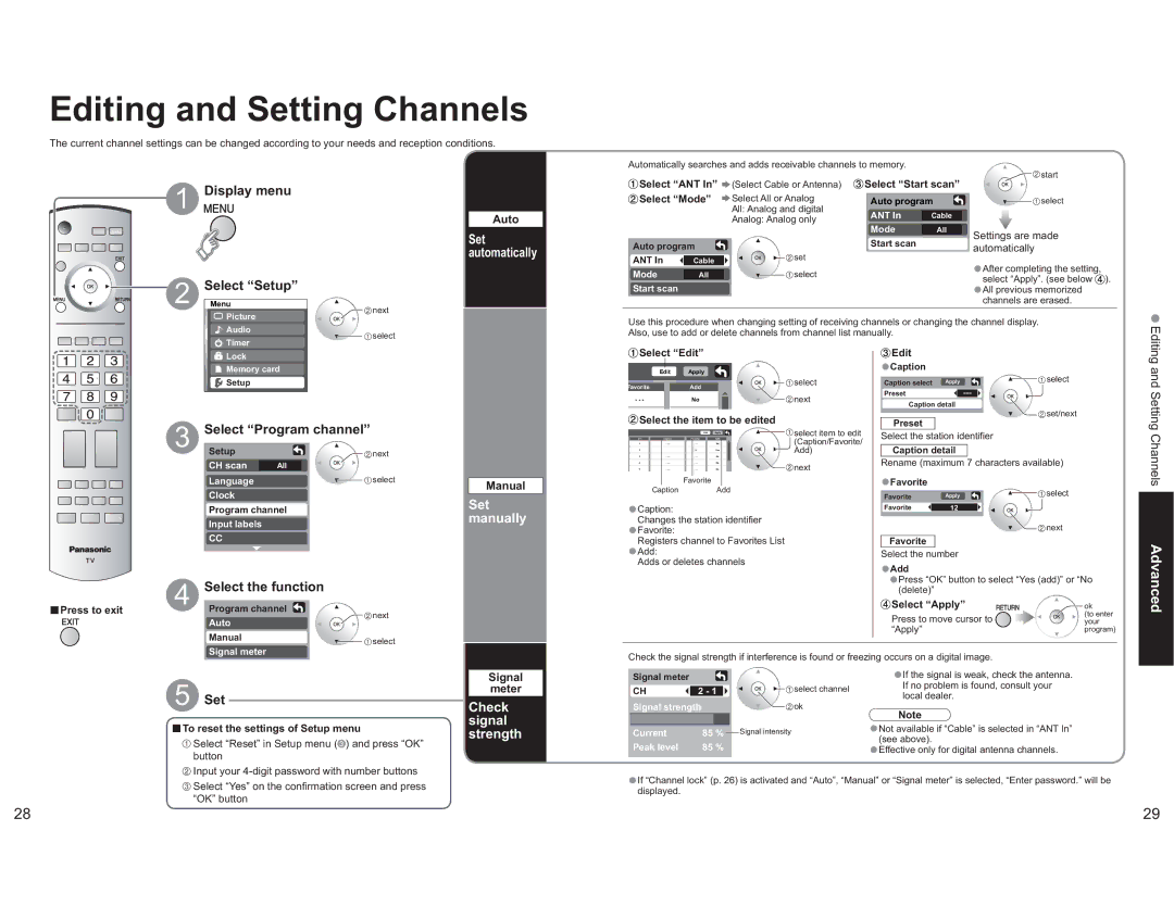 Panasonic TH-42PX60X Editing and Setting Channels, Set manually, Check signal strength 