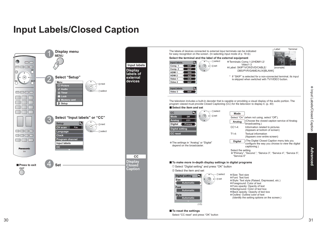 Panasonic TH-42PX60X manual Input Labels/Closed Caption, Display labels of external devices, Select Input labels or CC 