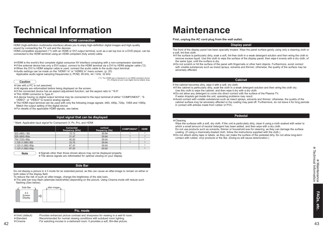 Panasonic TH-42PX60X manual Technical, Maintenance FAQs, etc. Information 