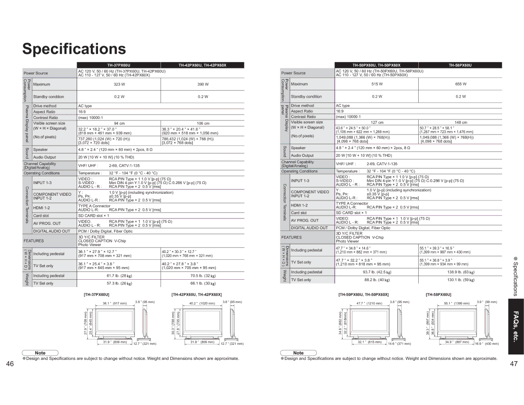 Panasonic manual Specifications, TH-37PX60U TH-42PX60U, TH-42PX60X, TH-50PX60U, TH-50PX60X TH-58PX60U 