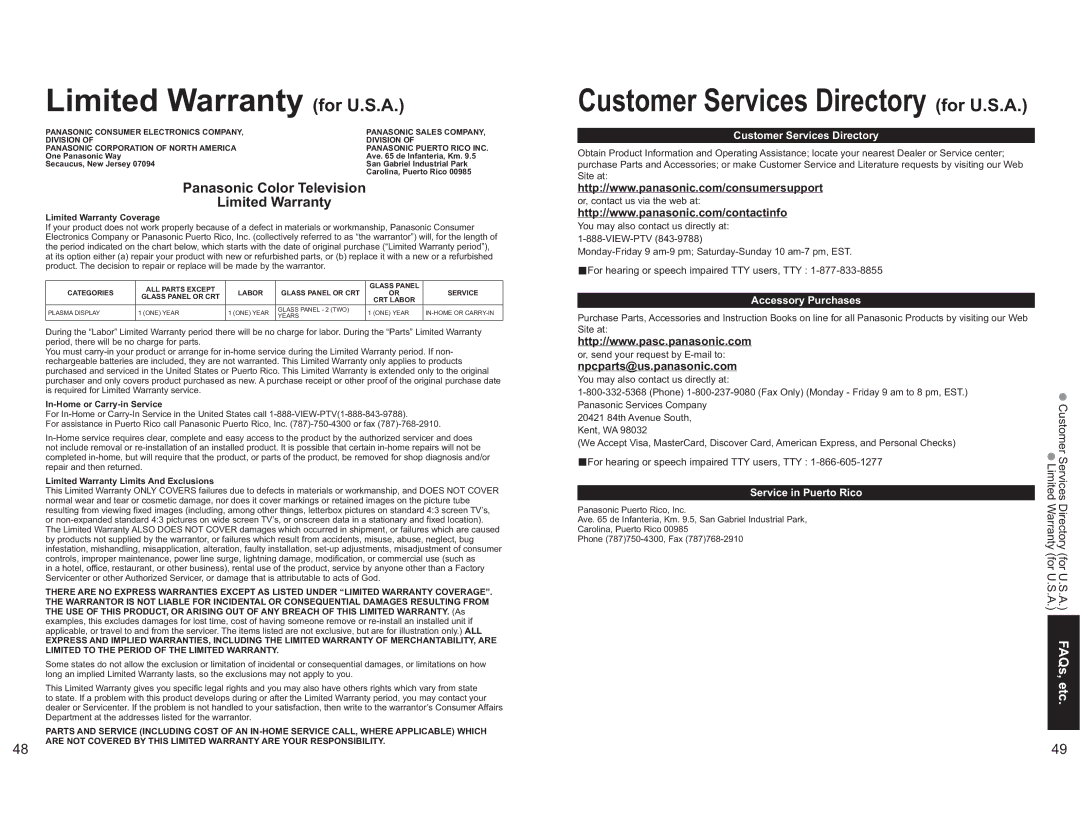 Panasonic TH-42PX60X Limited Warranty for U.S.A, Customer Services Directory, Accessory Purchases, Service in Puerto Rico 