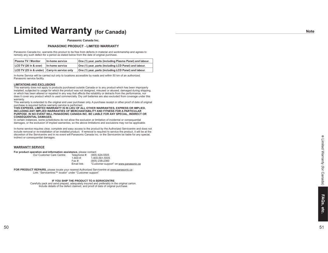 Panasonic TH-42PX60X manual Limited Warranty for Canada FAQs, etc, Limitations and Exclusions, Warranty Service 