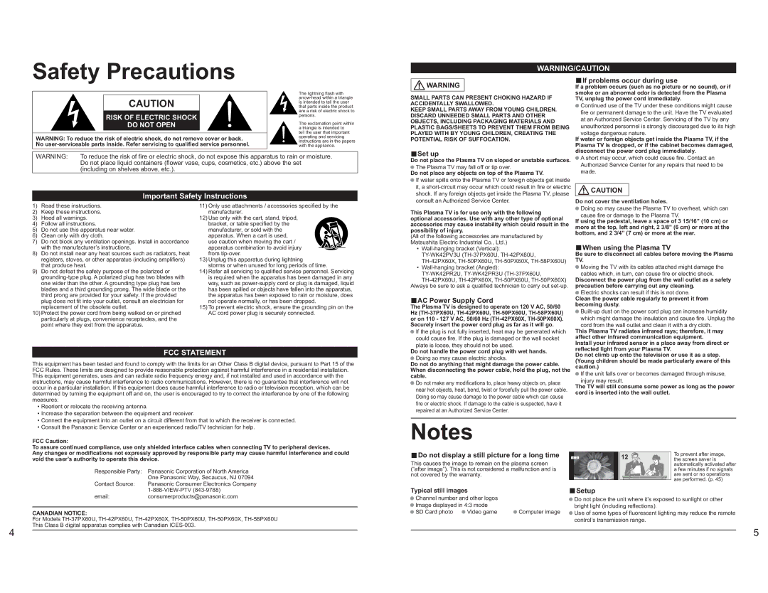 Panasonic TH-42PX60X manual Safety Precautions, Important Safety Instructions 