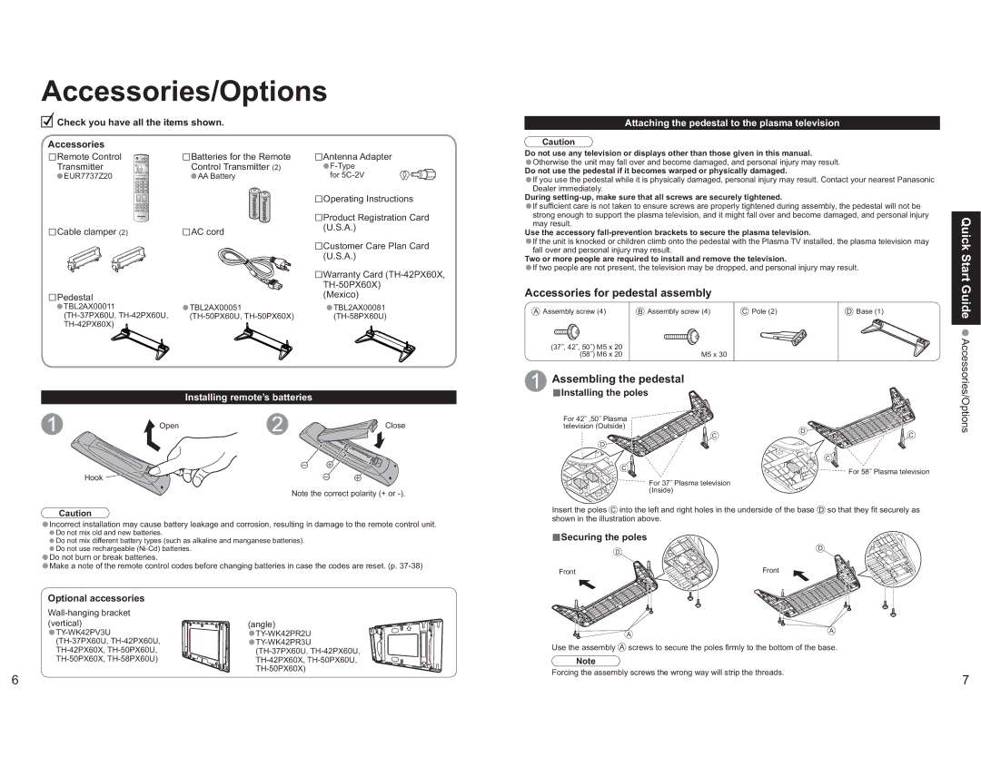 Panasonic TH-42PX60X manual Accessories/Options, Accessories for pedestal assembly, Assembling the pedestal 