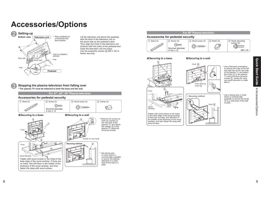 Panasonic TH-42PX60X manual Setting-up, Accessories for pedestal security, Quick Start Guide 