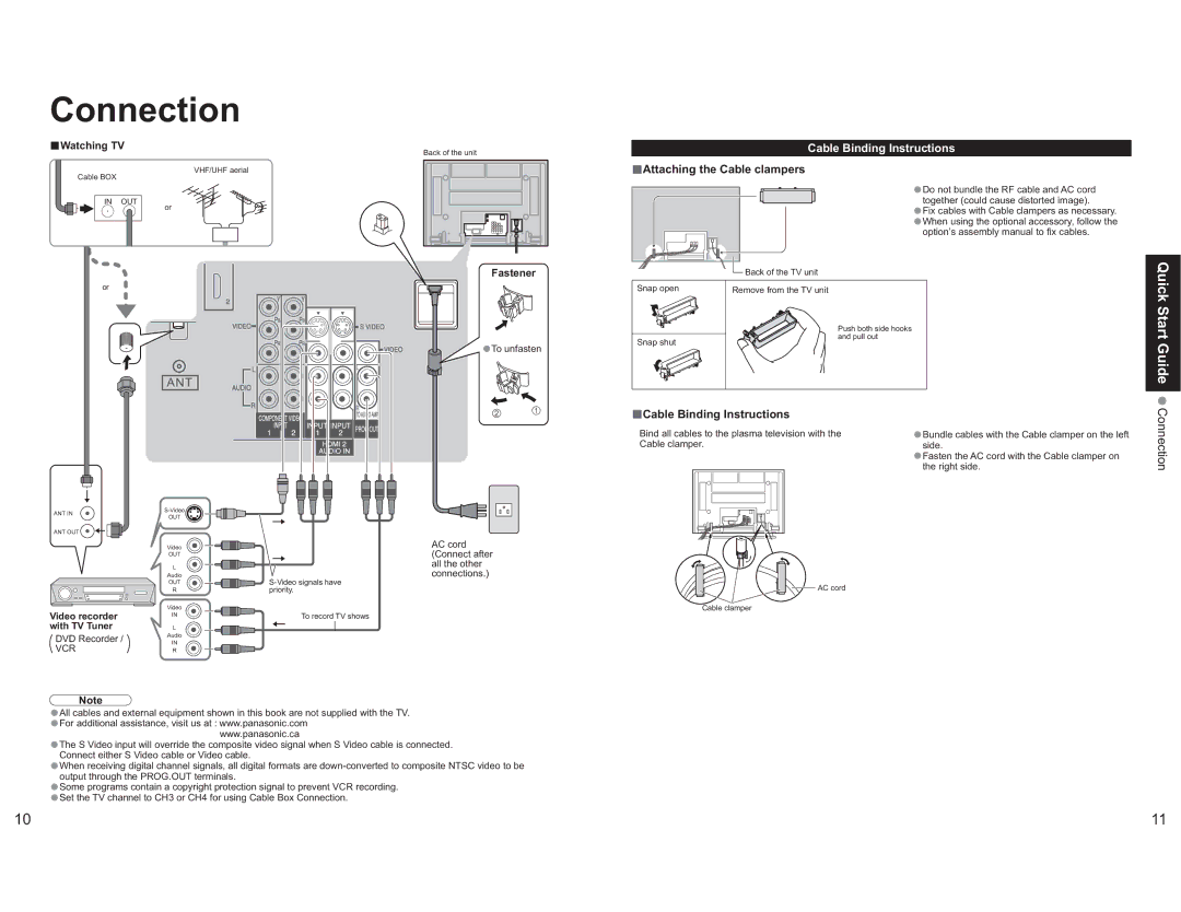 Panasonic TH-42PX60X manual Connection, Start, Cable Binding Instructions 